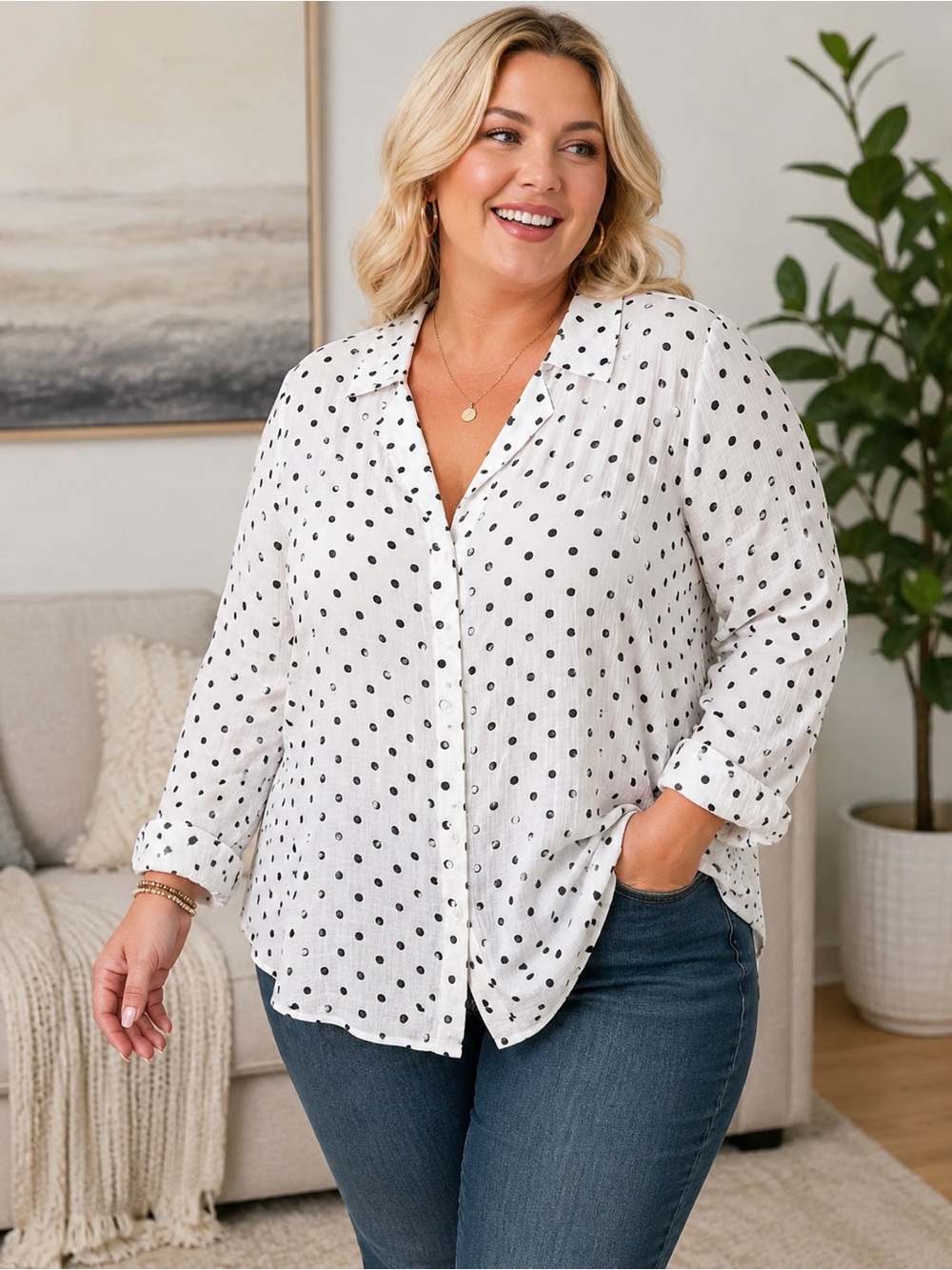 Plus Size White Polka Dot Button-Down Shirt